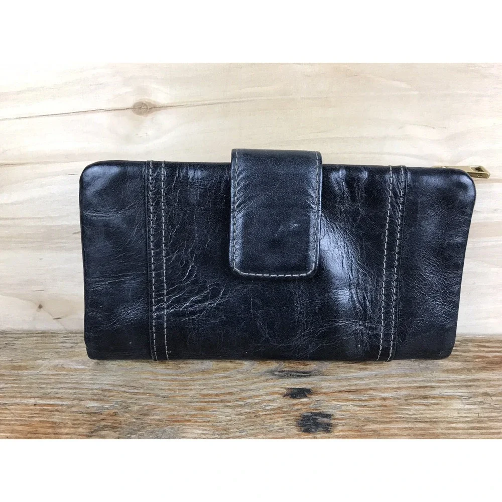 Fossil Vintage Long Bifold Soft Black Leather Wallet Coin Zip EUC